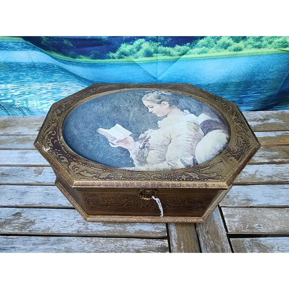 Vintage Large Gold Victorian Theme Jewelry Box Lady Reading Book-Japan Satin Top